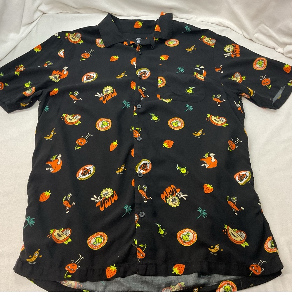 Vans Men's Black Short Sleeve Button-Up, Fruit Sticker Pattern,‎ Size Medium